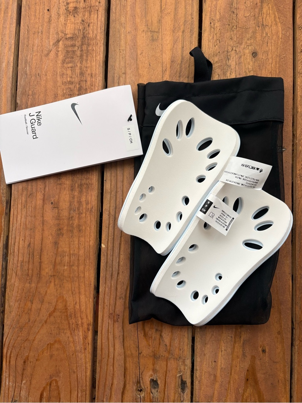 Nike White J Guard Shin Guards with Black Carry Pouch